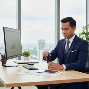 Man in a suit sitting at a desk with a computer and drinks, in an office setting.