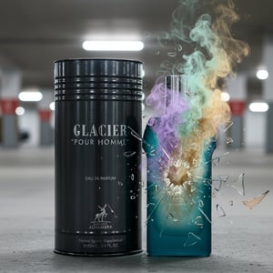 Glacier Pour Homme perfume bottle and packaging on a white background