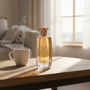 Glossy atas meja kopi pagi, vibe sweet calm