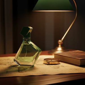 Green perfume bottle on a map with a compass and book under a lamp