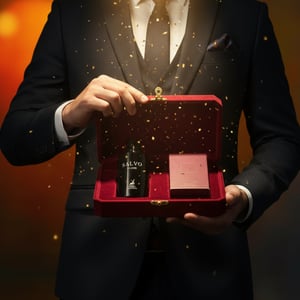 Person in a suit holding a red box with a bottle and pink box inside, against a warm-toned background.
