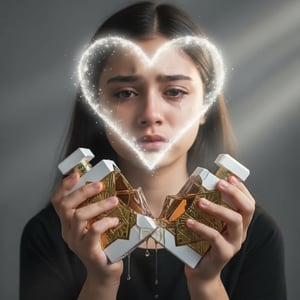 Perfume bottle with gold and white design on a light background