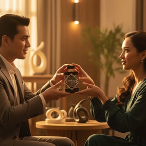 Infini Oud perfume bottle with Malaysian man and woman playfully reaching for the same perfume bottle in warm indoor light &ndash; elegant romantic perfume scene Malaysia