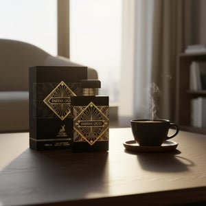 Infini Oud atas meja kopi pagi, suasana tenang maskulin