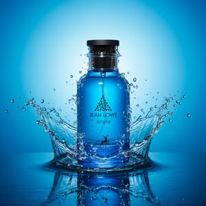 Botol Jean Lowe Azure minyak wangi unisex viral Malaysia - Jean Lowe Azure with dynamic water splash frozen mid-air, blue gradient background