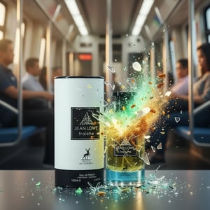 Jean Lowe Fraçèche perfume bottle and packaging on a beach background