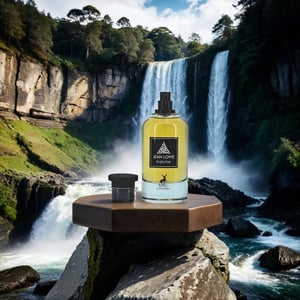 Perfume bottle on a wooden platform with a waterfall and forest in the background