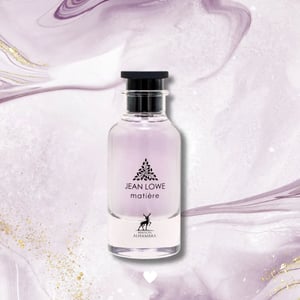 Jean Lowe matière perfume bottle on a decorative background