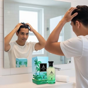 Malay man grooming with Jean Lowe Vibe perfume on counter men fragrance Malaysia