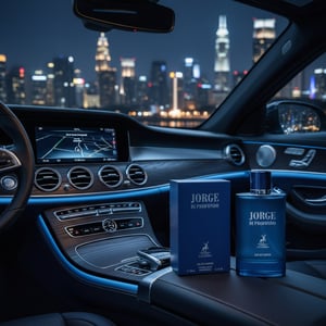 Jorge Deep Blue perfume lelaki dalam kereta malam Malaysia, cahaya biru modern masculine