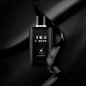Black perfume bottle labeled 'Jorge di Profumo' on a dark background