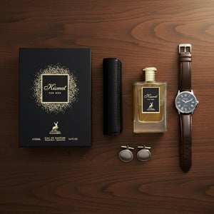 Kismet For Men flatlay lelaki dengan jam &amp; dompet kulit