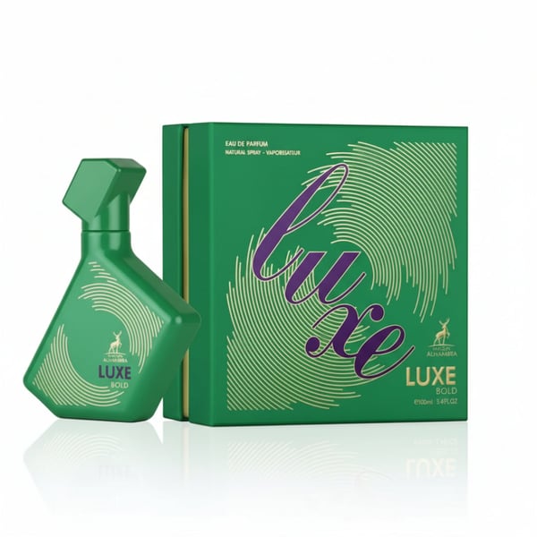 Green perfume bottle and packaging with 'LUXE' branding on a white background