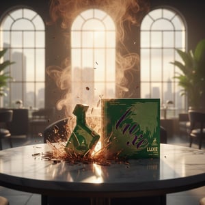 Perfume bottle broken, coffee‑oud vapor emerging; modern café in KL Malaysia &mdash; clear bottle and box, cinematic lighting.