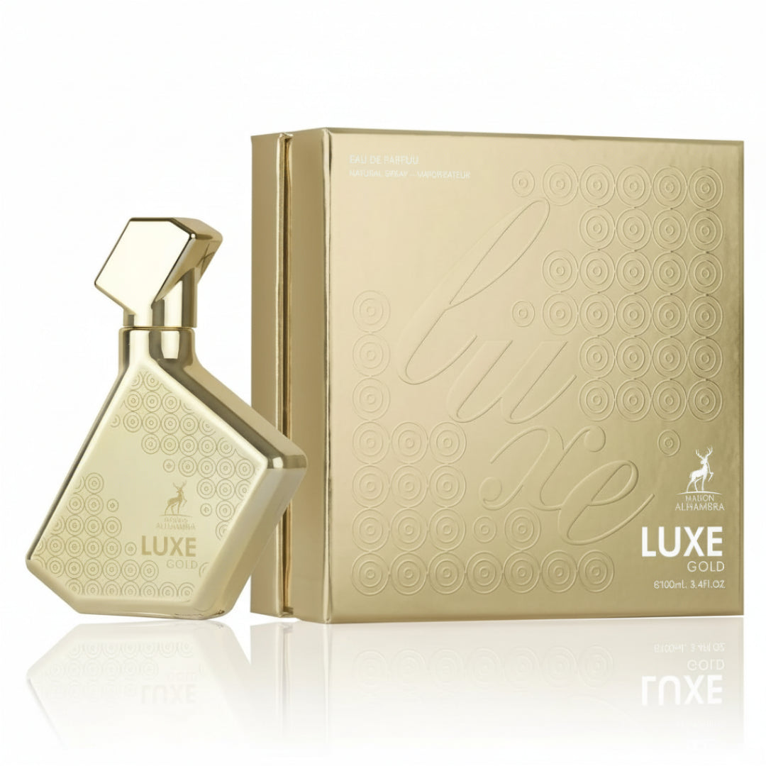 Gold perfume bottle and packaging with 'Luxe' branding on a white background