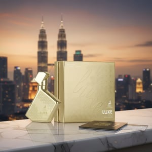 Gold perfume bottle and packaging with city skyline in the background