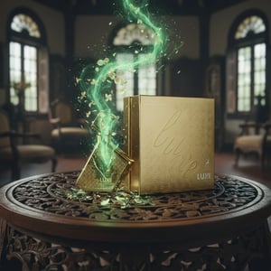 Gold box labeled 'Luxe' with green energy effect on a wooden table in an elegant room.
