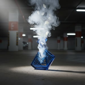 Blue smoke device labeled 'LUXE' emitting smoke in a dark indoor setting
