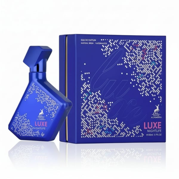 Blue perfume bottle and packaging with 'LUXE NIGHTLIFE' text on a white background