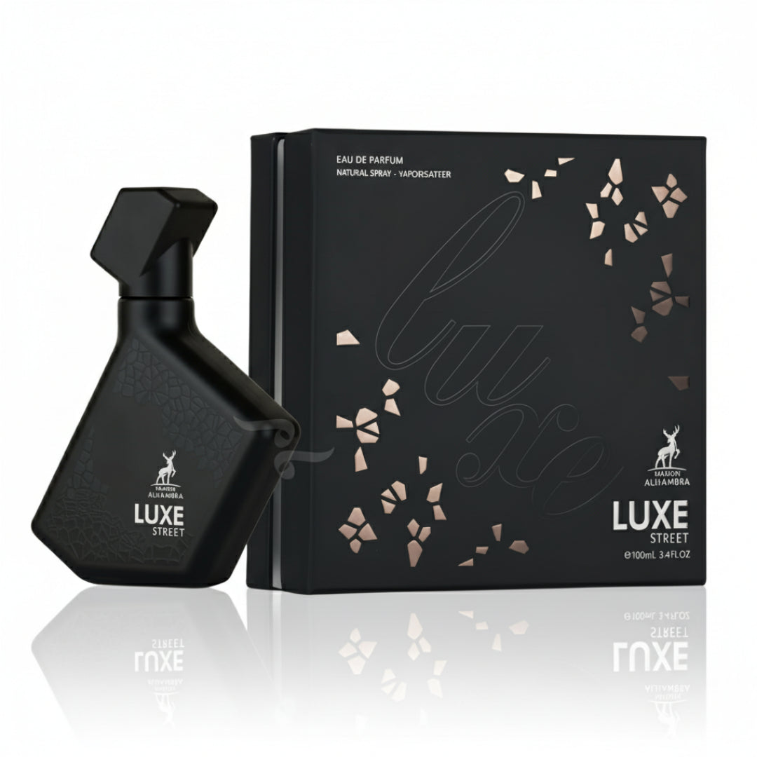 Black perfume bottle and packaging with 'Luxe Street' branding on a white background