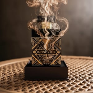 Perfume bottle labeled 'Infinite Elixir' with smoke rising from it on a textured surface.