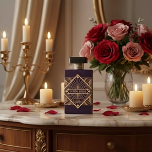 Maison Alhambra Infini Rose perfume Malaysia &ndash; bottle on a marble table with candles and flowers