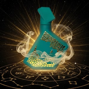 Teal perfume bottle with intricate designs on a dark background with star-like lights and smoke effects.