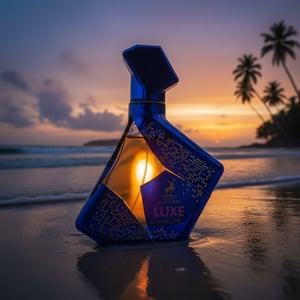 Blue bottle labeled 'LUXE' on a beach at sunset with palm trees in the background