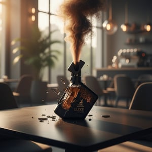 Luxury perfume bottle with smoke effect on a table in a modern cafe setting