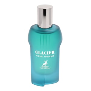 Perfume bottle labeled 'Glacier Pour Homme' by Maison Alhambra on a white background