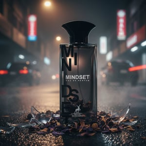 Black perfume bottle labeled 'MINDSET' on a white background