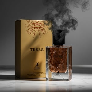 Terra Perfume Perfume bottle broken, wood fog emerging; studio on white marble Malaysia &mdash; clear bottle and box, cinematic lighting