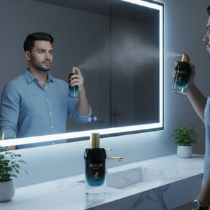 Malay man applying Glacier Bold in front of LED mirror with cool blue glow, fresh clean masculine mood