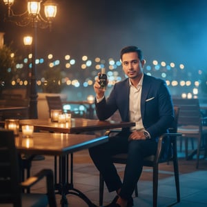 Malay man at outdoor café at night holding Glacier Bold, warm café light mixed with icy blue tones, classy lifestyle mix