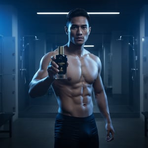 Malay man in gym locker room holding Glacier Bold, cool blue spotlight, athletic masculine strength aesthetic