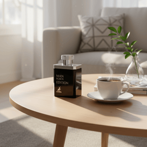 Man Black Edition atas meja kopi pagi, suasana segar maskulin