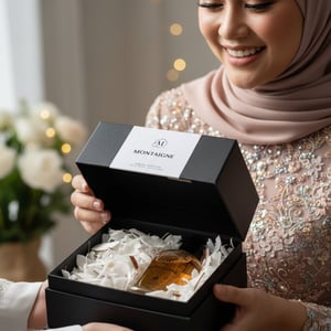 Malay woman gifting Montaigne Coco Maison Alhambra perfume coconut women scent Malaysia