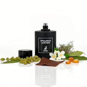 Opulence Leather minyak wangi lelaki aroma smoky leather bottle with decorative elements on a white background