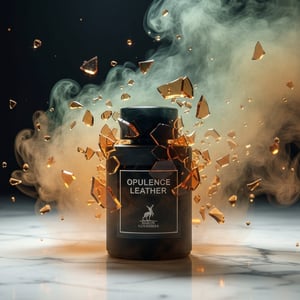 Opulence Leather perfume bottle with decorative elements on a dark background