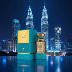 Pacific Blue dengan latar KLCC malam, lighting biru elegan