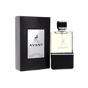 Perfume bottle and packaging with 'AVANT' branding on a white background
