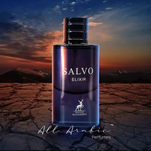 Salvo Elixir perfume bottle with a mountainous landscape background