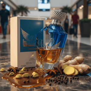 Perfume bottle broken, mango vapor emerging; shopping mall hallway Malaysia — clear bottle and box, cinematic lighting.