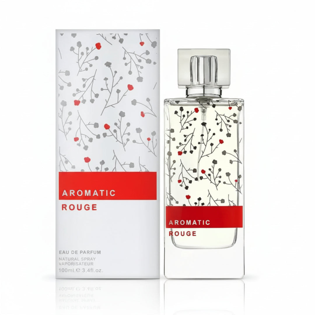 Perfume bottle and packaging with floral design and 'Aromatic Rouge' text on a white background