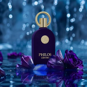 Philos Centro perfume bottle with purple flowers on a reflective surface