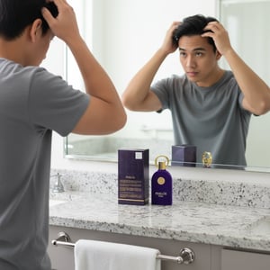 Malay man grooming with Philos Pura by Maison Alhambra perfume on counter men fragrance Malaysia