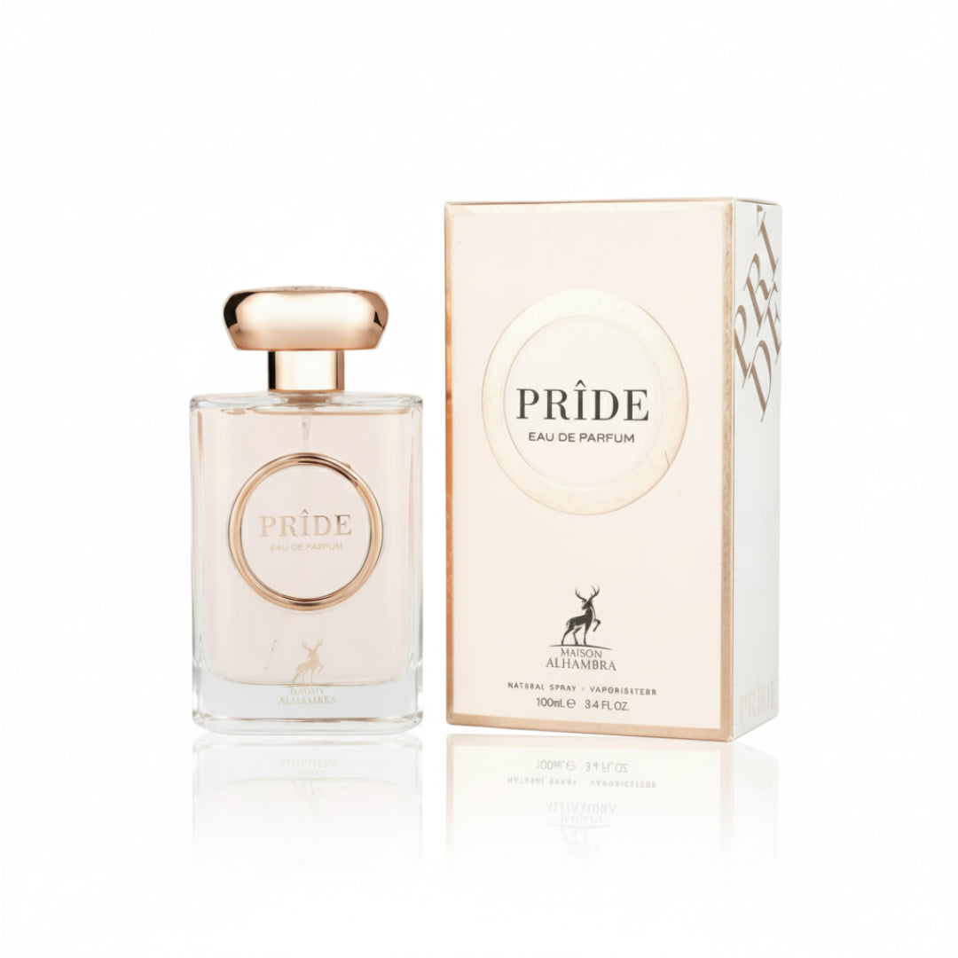 Perfume bottle and packaging of 'Pride' on a white background