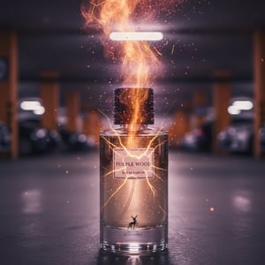 Perfume bottle labeled 'Purple Wood' on a white background