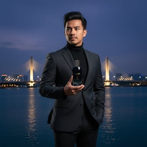 Malay man near Putrajaya bridge at blue hour, Glacier Bold in hand, cold wind effect, elegant masculine vibe