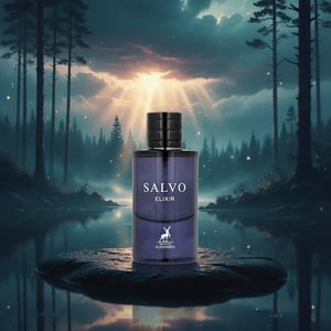 Salvo Elixir perfume bottle in a mystical forest setting with a lake and sunlit trees.